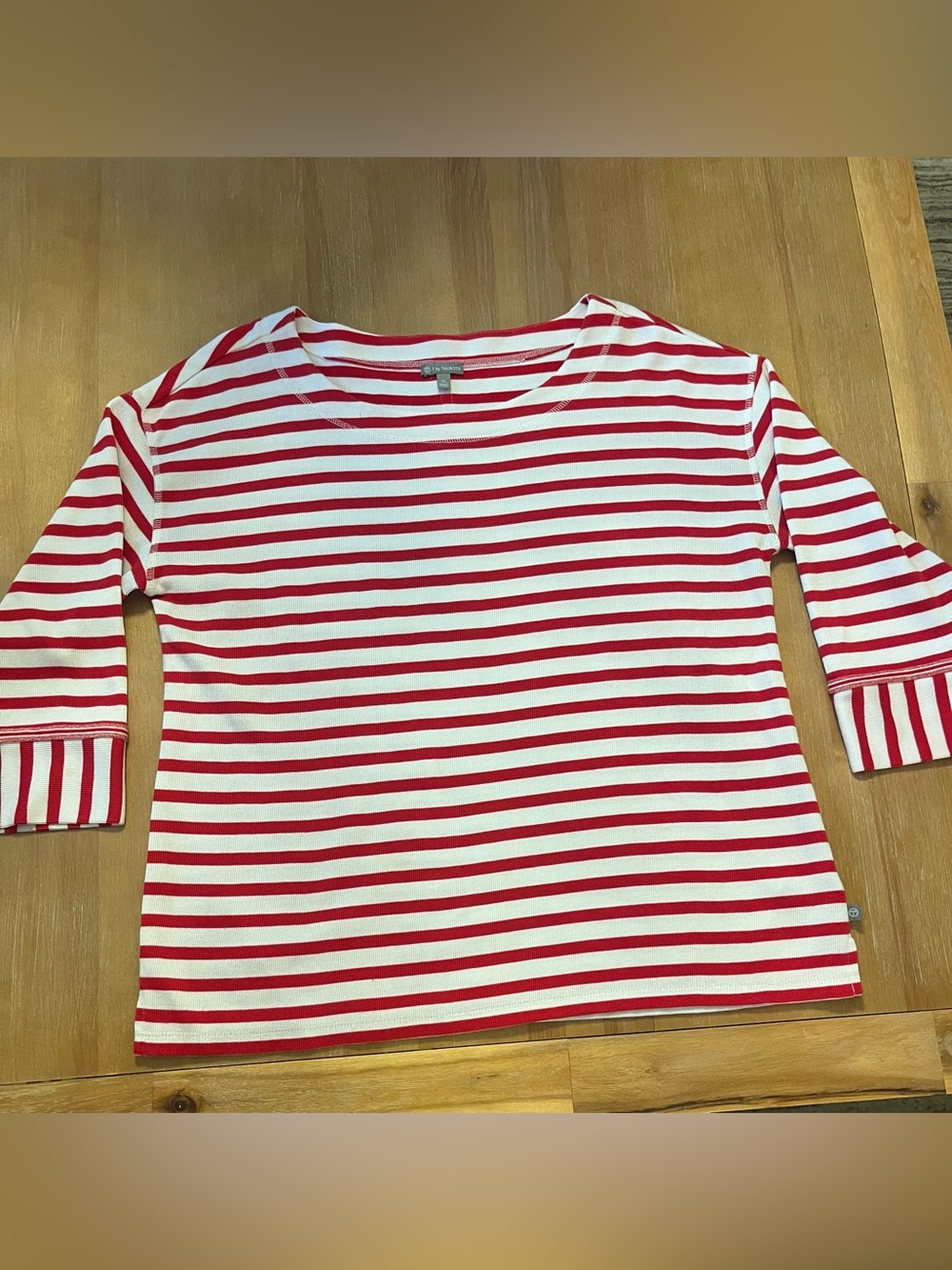 T by Talbots Red White Striped Waffle Knit Top 3/4 Sleeve XL